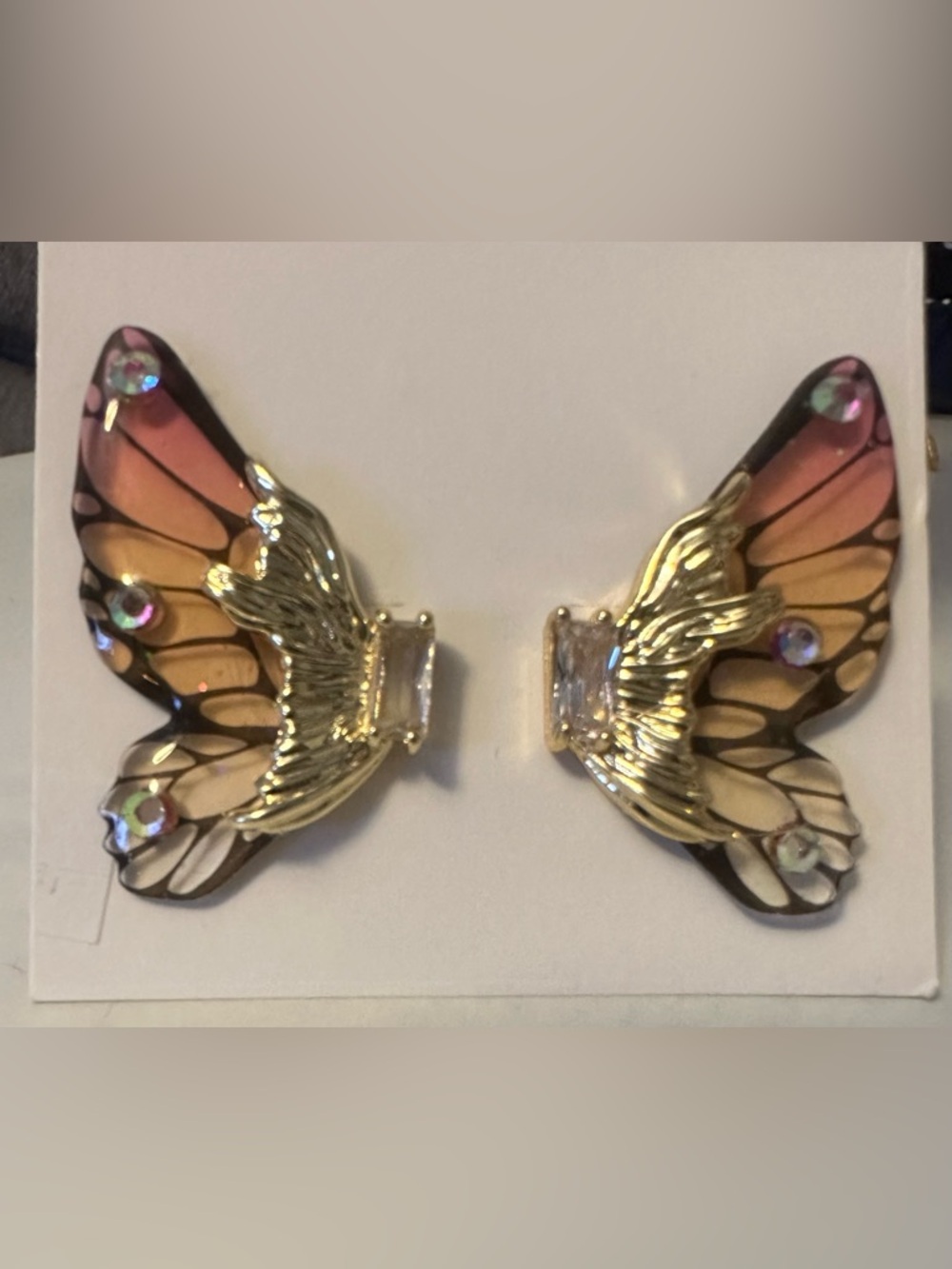 Gold and Pink Butterfly Wing Stud Earrings - Brand Unspecified